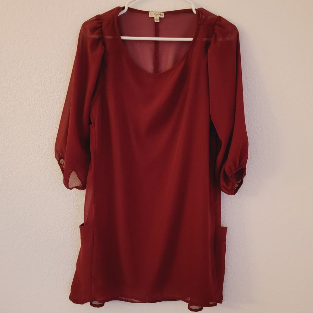 Lily White Asymmetrical Tunic Top 1/2 Sleeve Burgundy Solid Sheer With Camisole
